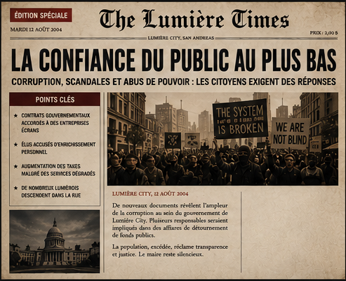 Une du Lumière Times, 12 août 2004 : La confiance du public au plus bas — corruption, scandales et abus de pouvoir.