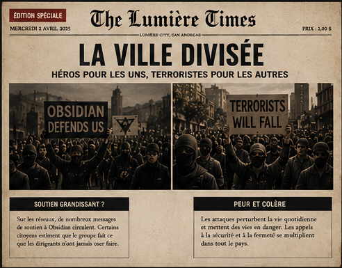Une du Lumière Times, 2 avril 2025 : La ville divisée — héros pour les uns, terroristes pour les autres.