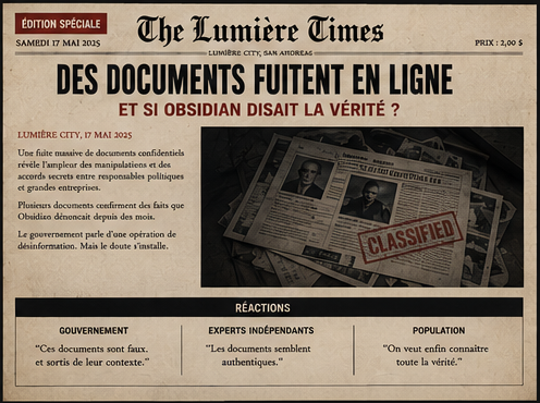 Une du Lumière Times, 17 mai 2025 : Des documents fuitent en ligne — et si Obsidian disait la vérité ?
